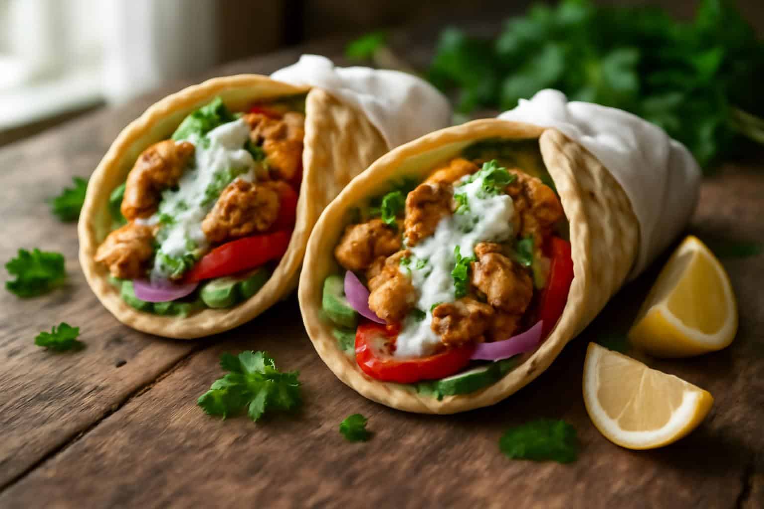 Close-up of Greek chicken gyro wraps with creamy yogurt sauce and crisp veggies