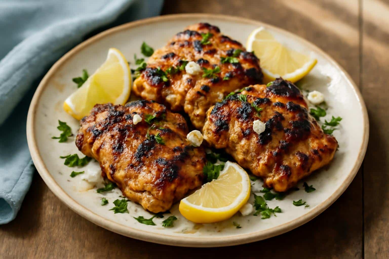 Grilled savory Greek chicken with lemon wedges and parsley garnish on rustic table