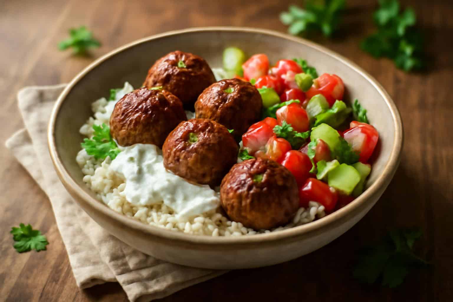 Savory Greek meatball bowl with juicy meatballs, rice, fresh salad, and tzatziki sauce