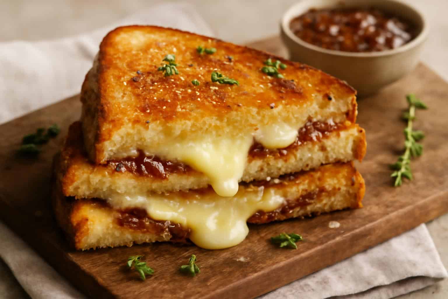 Grilled fig jam melt sandwich with melted cheese and herbs on rustic board, grilled fig jam melt