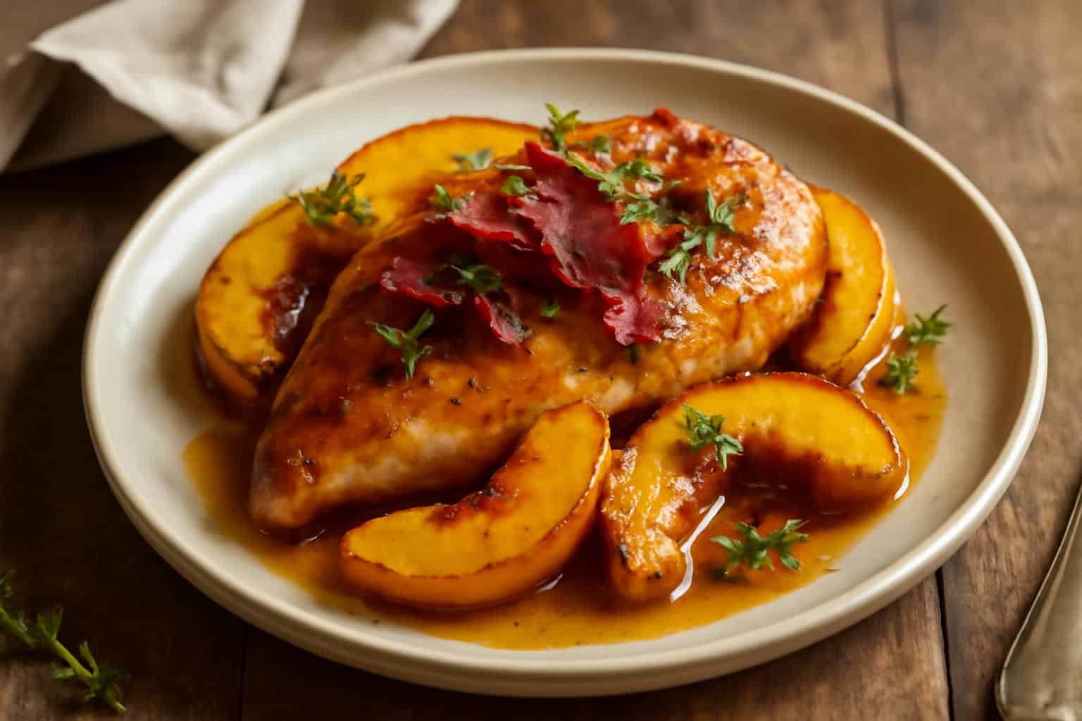Honey butter peach chicken topped with crispy pancetta and fresh thyme garnish