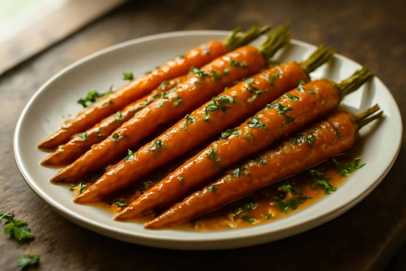 Honey garlic roasted carrots glazed with butter and garnished with fresh parsley on a rustic plate