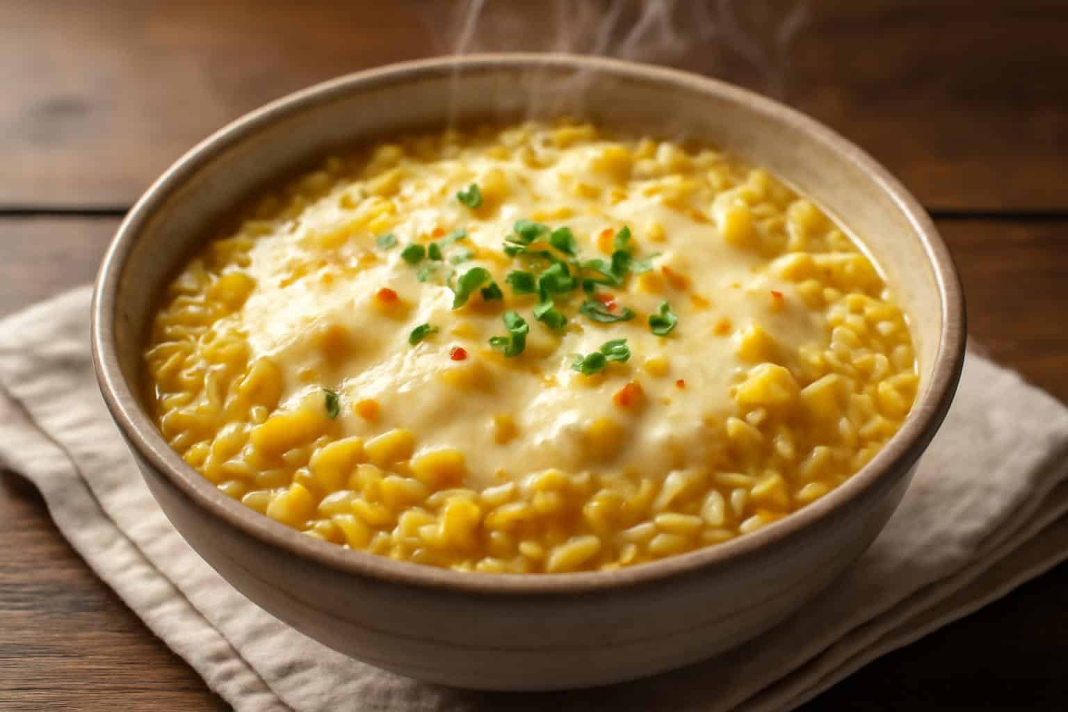 Savory Korean corn cheese ramen with melted cheese and corn garnish in a bowl