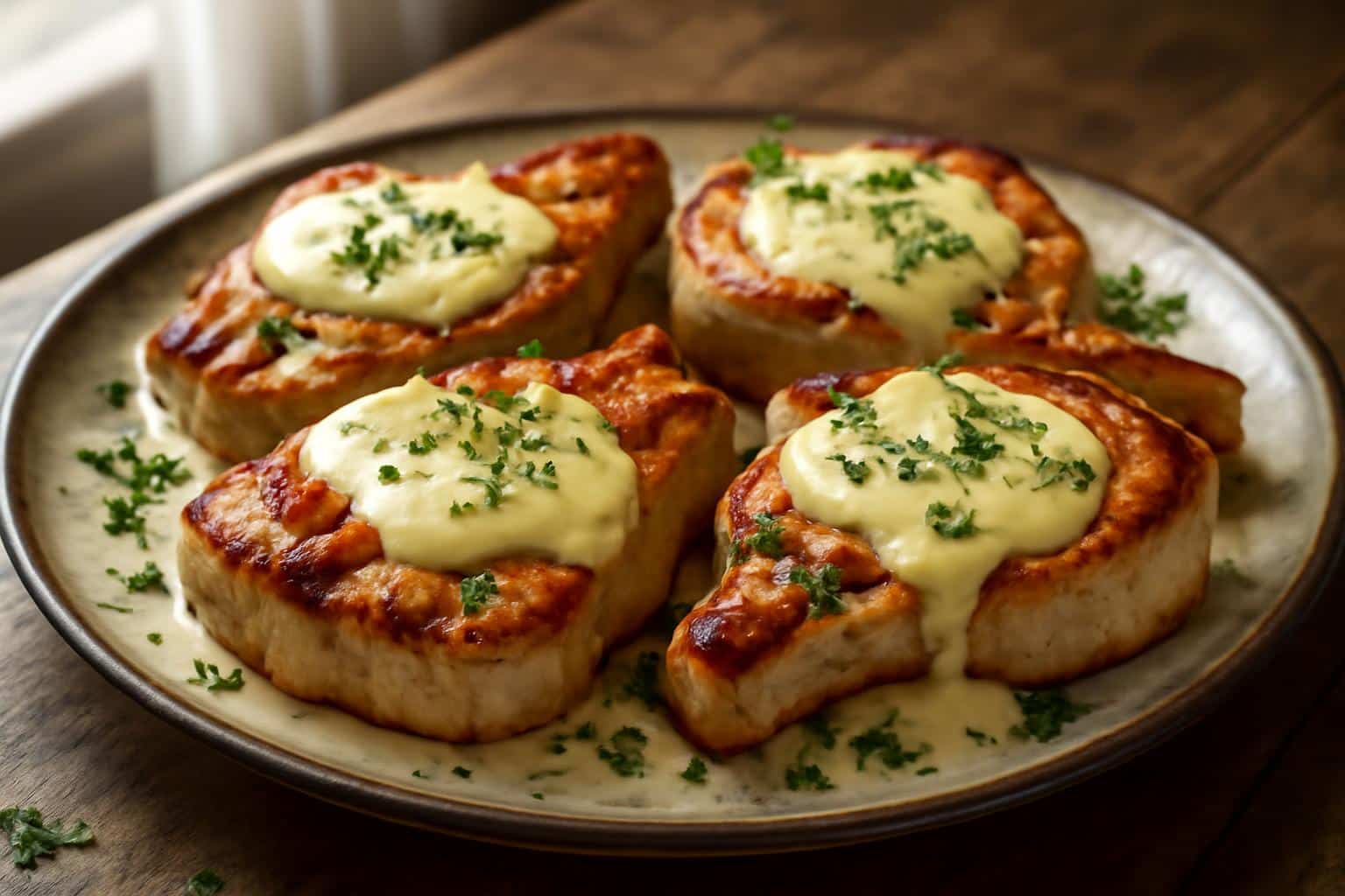 Maple bacon pork chops in creamy Dijon sauce garnished with fresh herbs
