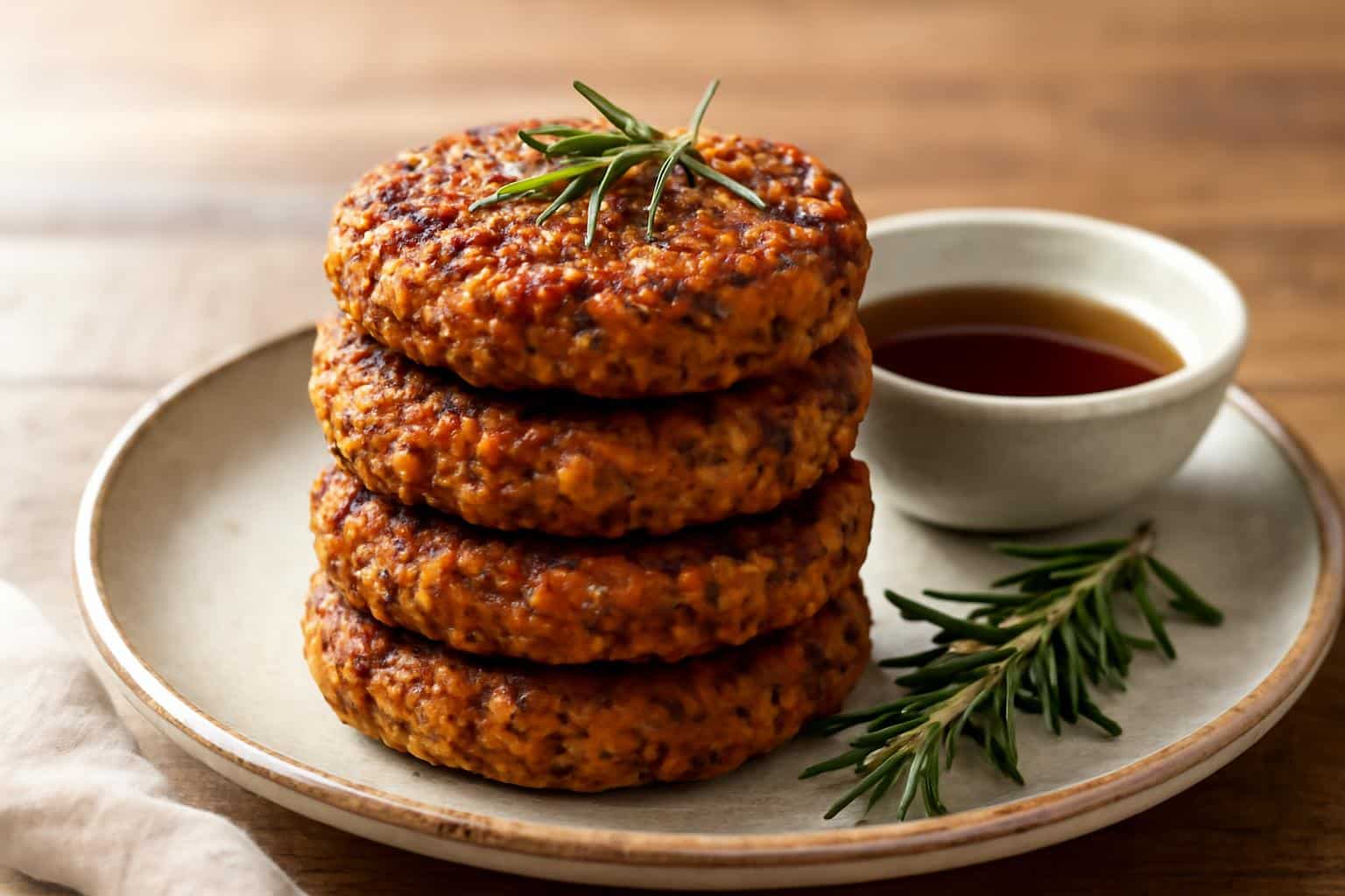 Golden maple-lentil vegan sausage patties stacked on plate garnished with rosemary
