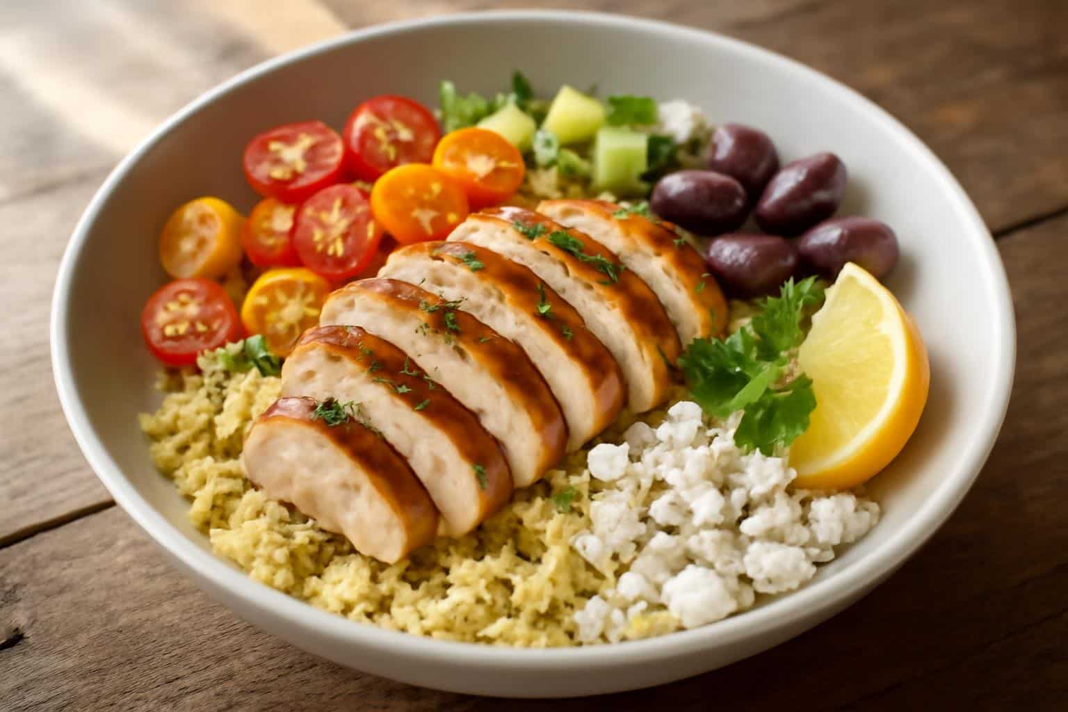 Savory Mediterranean chicken bowl with grilled chicken, couscous, fresh veggies, and feta cheese