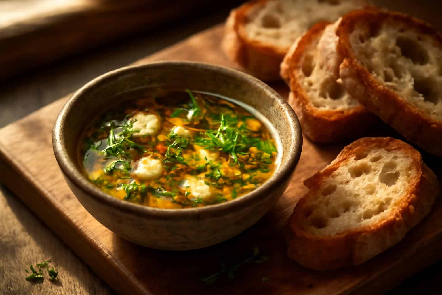 Savory Mediterranean feta infused dipping oil in a rustic bowl with herbs and bread for dipping