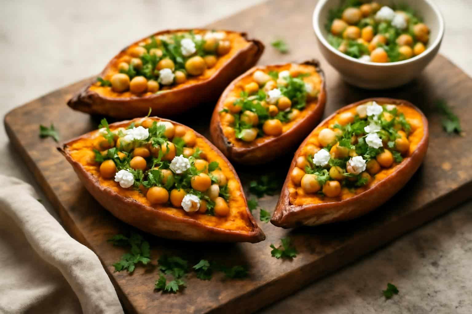 Mediterranean stuffed sweet potatoes with chickpeas, feta, and parsley on rustic board, showing vibrant colors and fresh