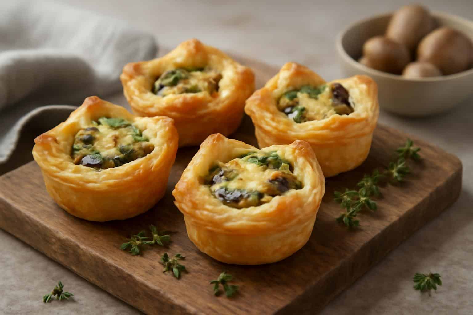 Mini mushroom pot pies with Gruyère cheese in golden puff pastry cups garnished with fresh thyme