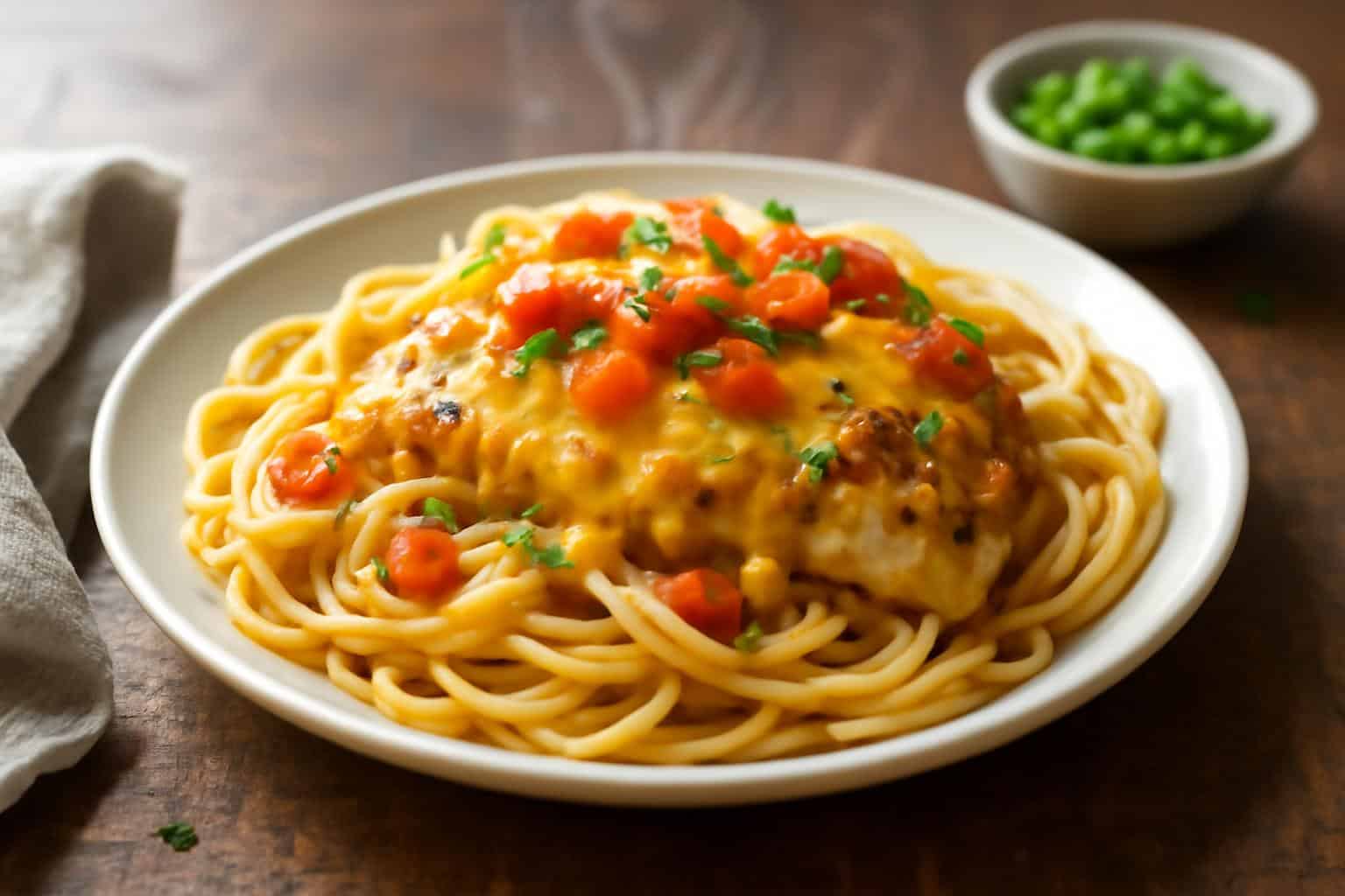 Savory monterey chicken spaghetti served with melted cheese and fresh herbs on rustic wooden table