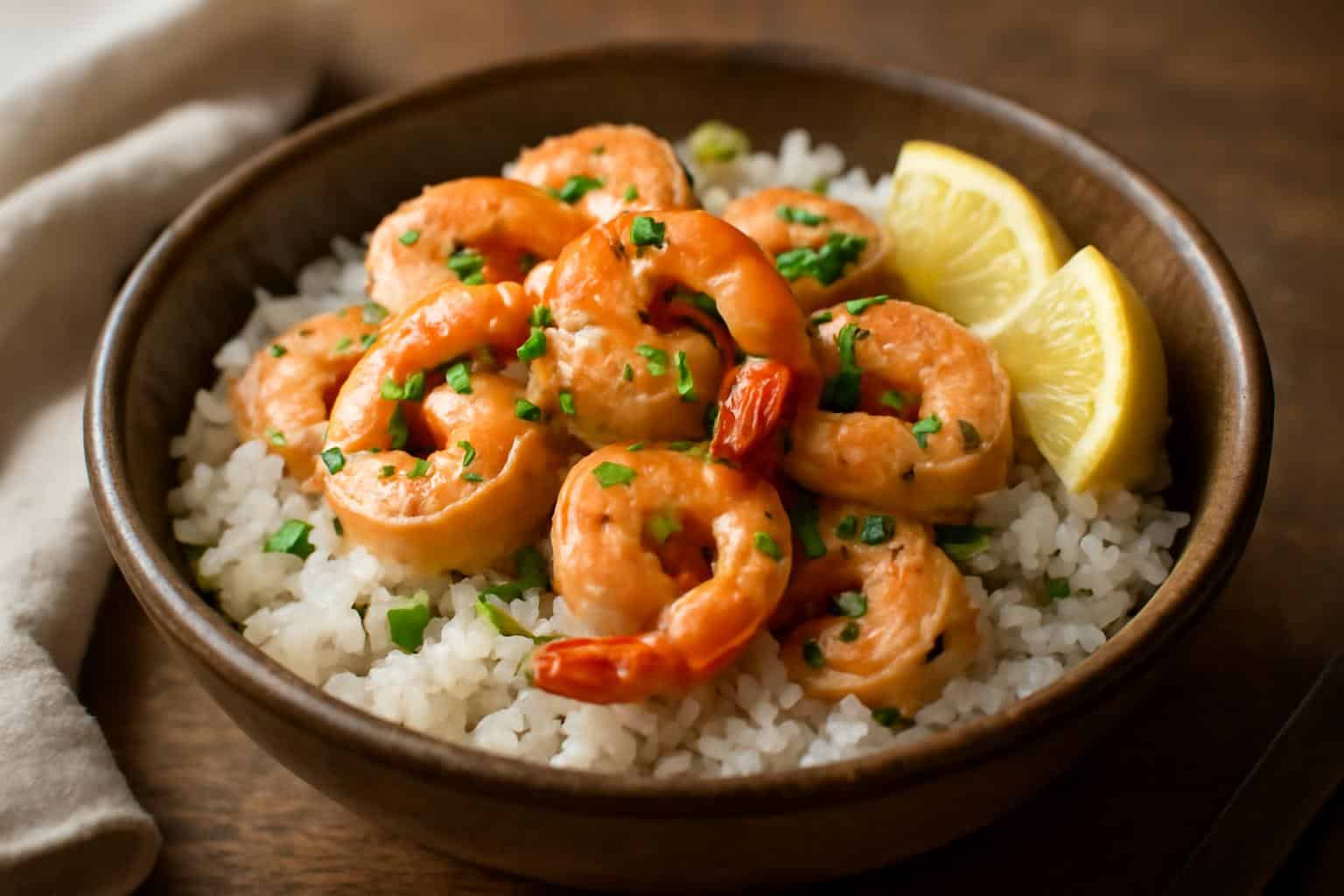 Garlic butter shrimp rice bowl garnished with parsley and lemon wedges in rustic bowl