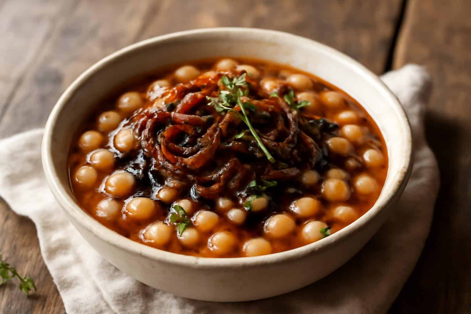 Savory one-pot balsamic white beans topped with caramelized onions and fresh herbs
