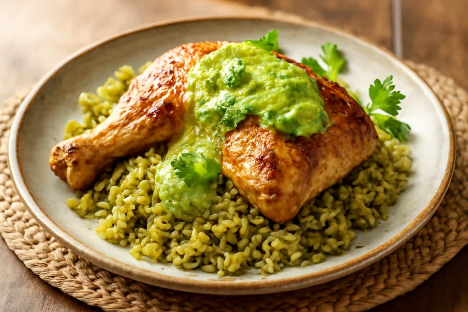 Savory Peruvian chicken rice with zesty green sauce served on a rustic plate garnished with cilantro