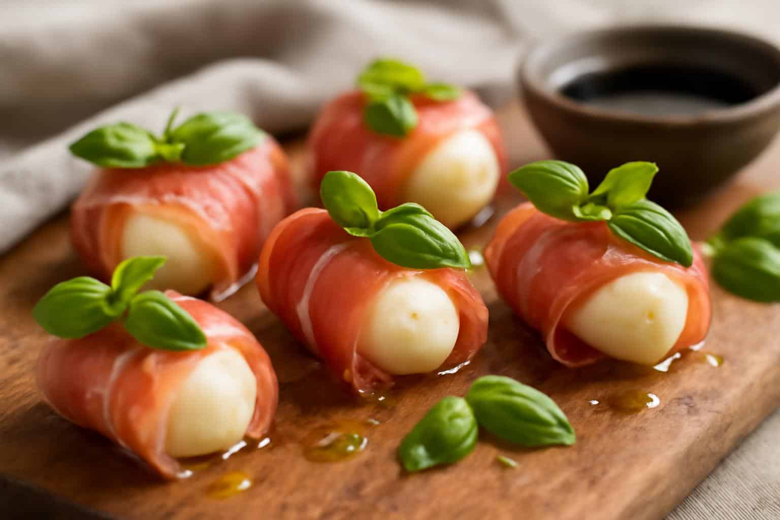 Savory prosciutto mozzarella bites appetizer garnished with fresh basil and olive oil
