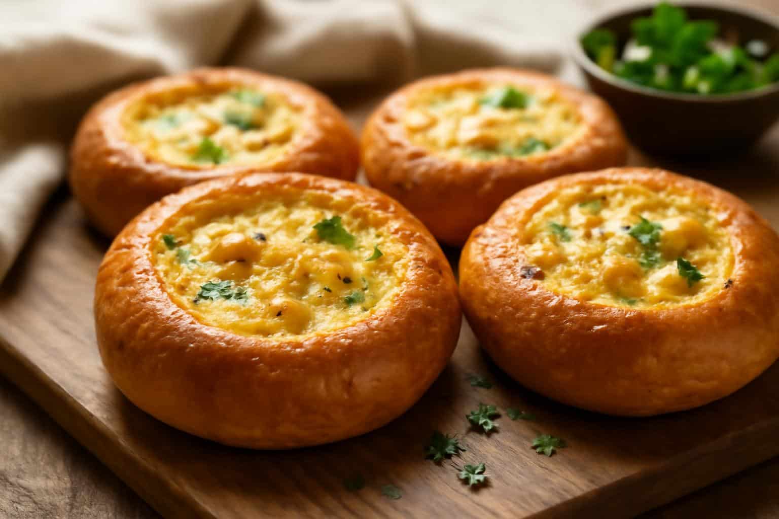 Savory quiche stuffed bagels on wooden board with melted cheese and herbs in natural light