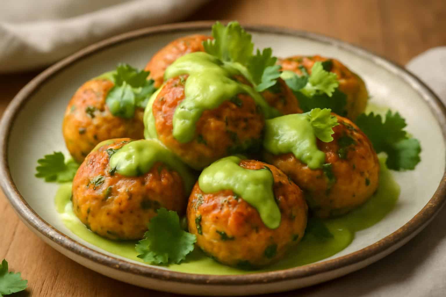Golden salmon meatballs served with luscious avocado sauce garnished with fresh herbs