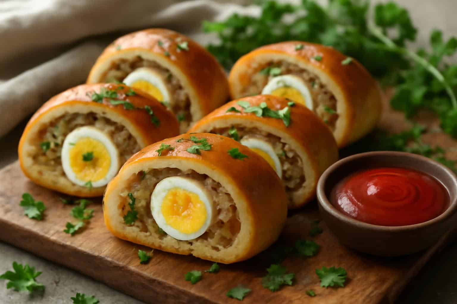 Golden brown savory sausage egg breakfast rolls garnished with parsley and served with ketchup