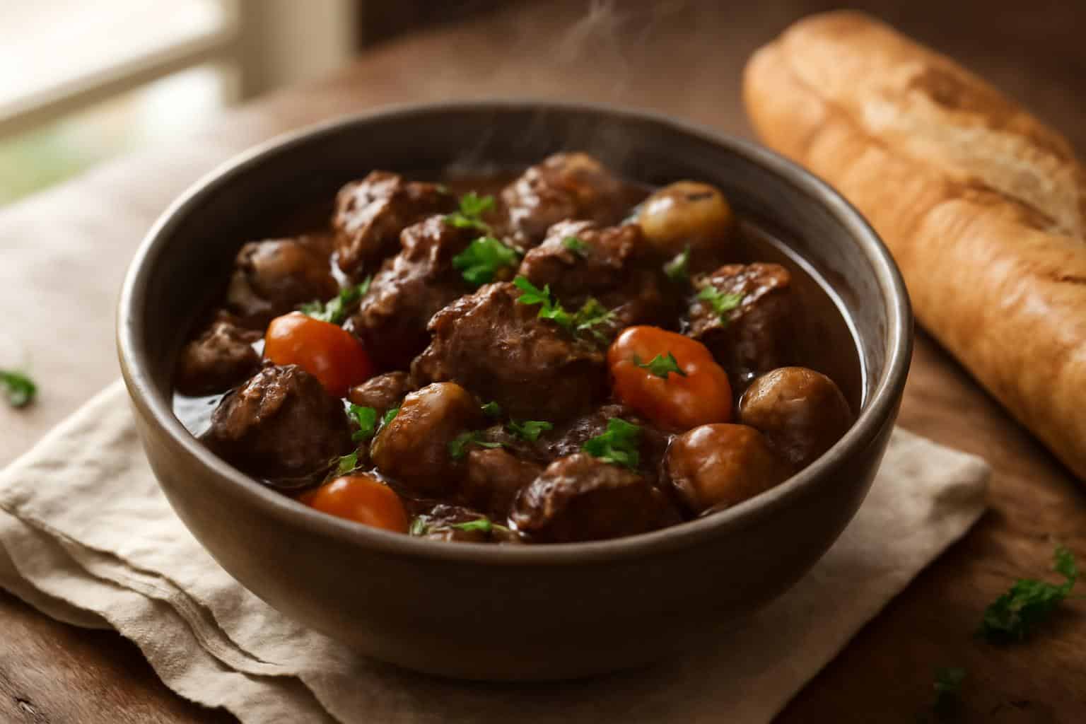 Savory slow-cooked beef bourguignon in a rustic bowl with fresh parsley garnish