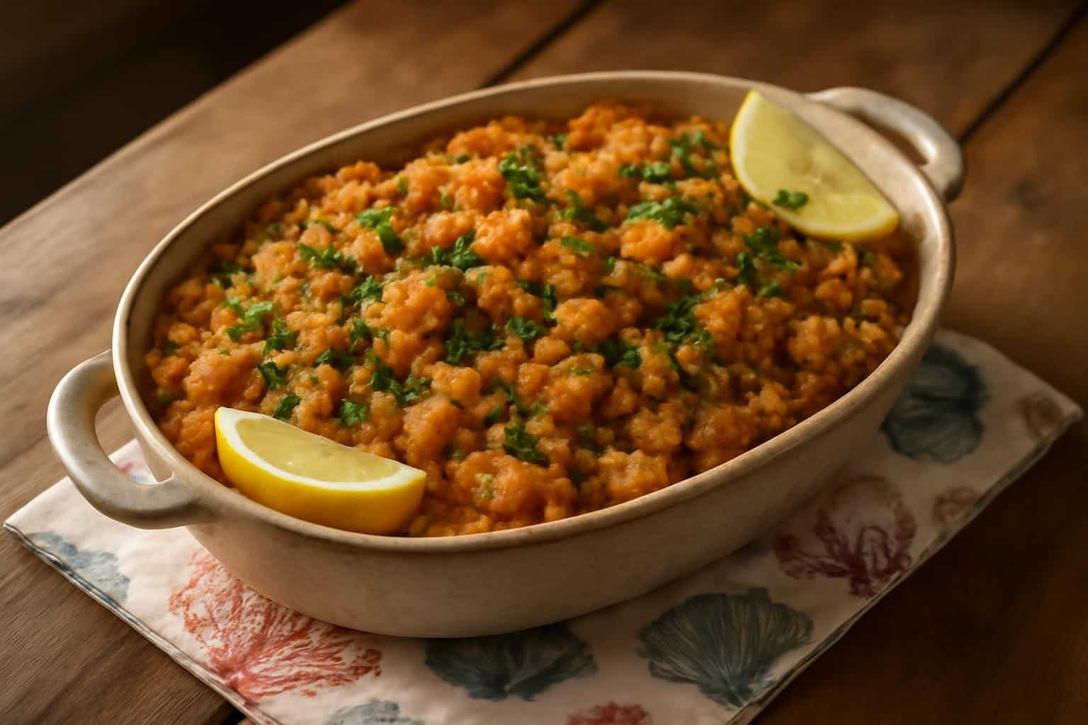 A baked southern seafood stuffing with shrimp and crab garnished with parsley and lemon wedges