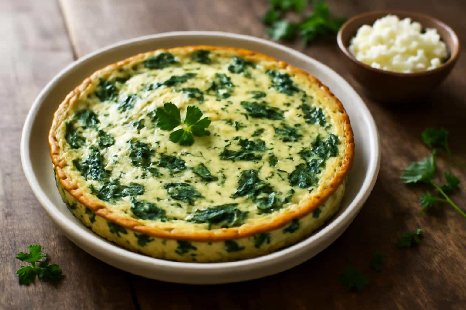 Savory spinach and cottage cheese crustless quiche on rustic wooden table with herbs