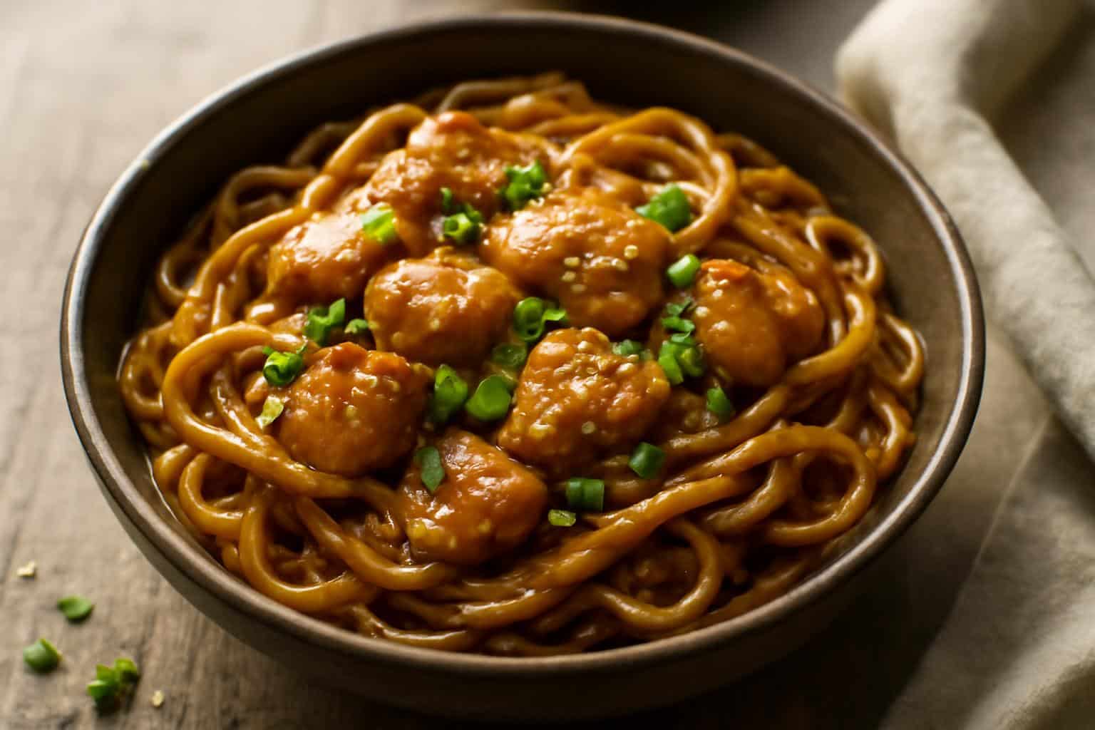 Bowl of savory sticky garlic chicken noodles with glossy sauce and green onion garnish