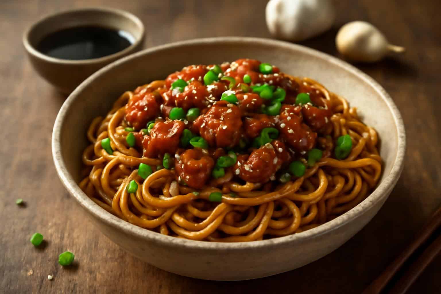 Savory sticky garlic chicken noodles served in a bowl with scallions and sesame seeds