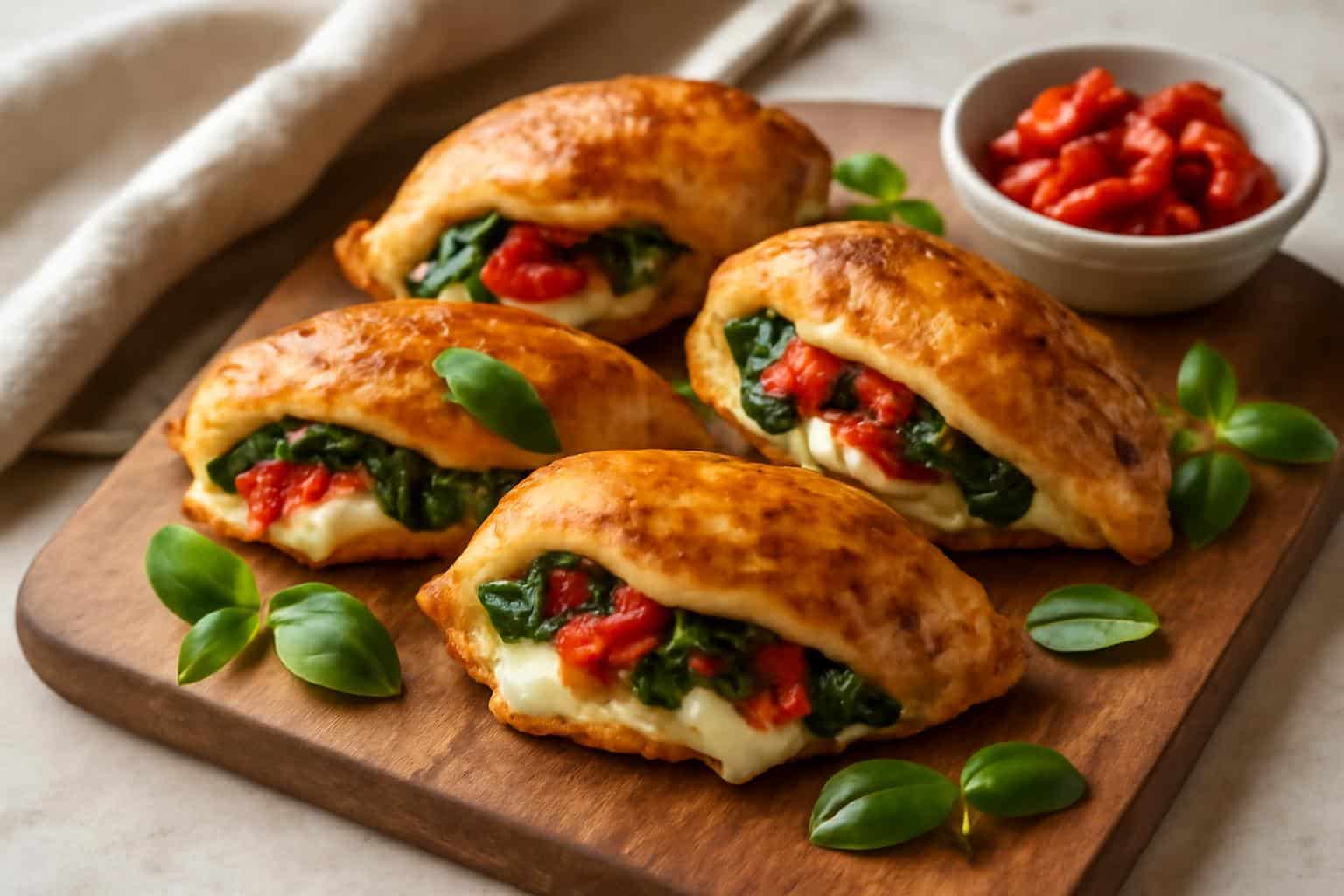 Savory stuffed chicken with roasted red peppers, spinach, and mozzarella on wooden board