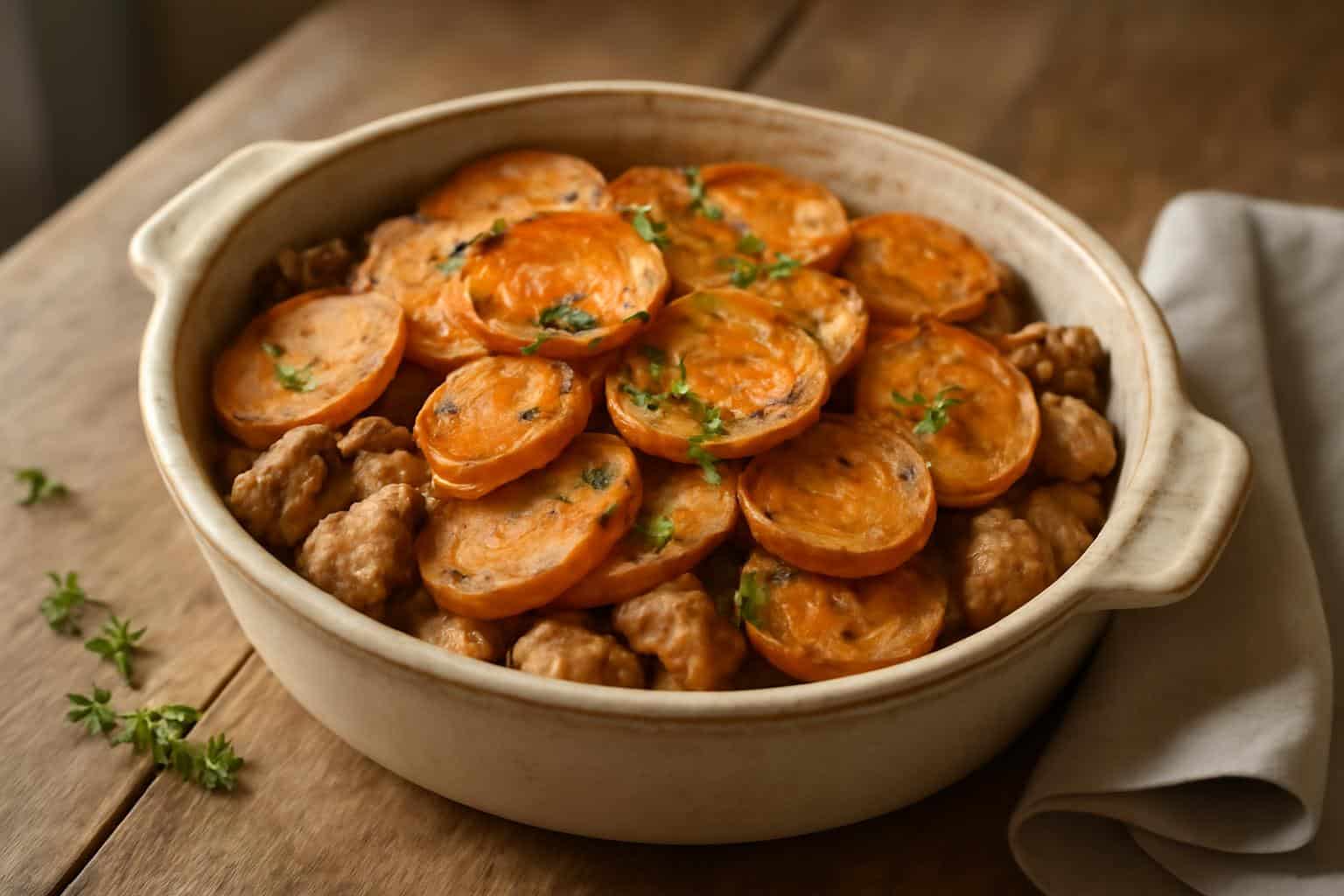 Savory sweet potato turkey bake with golden crust and fresh herbs, high-fiber meal