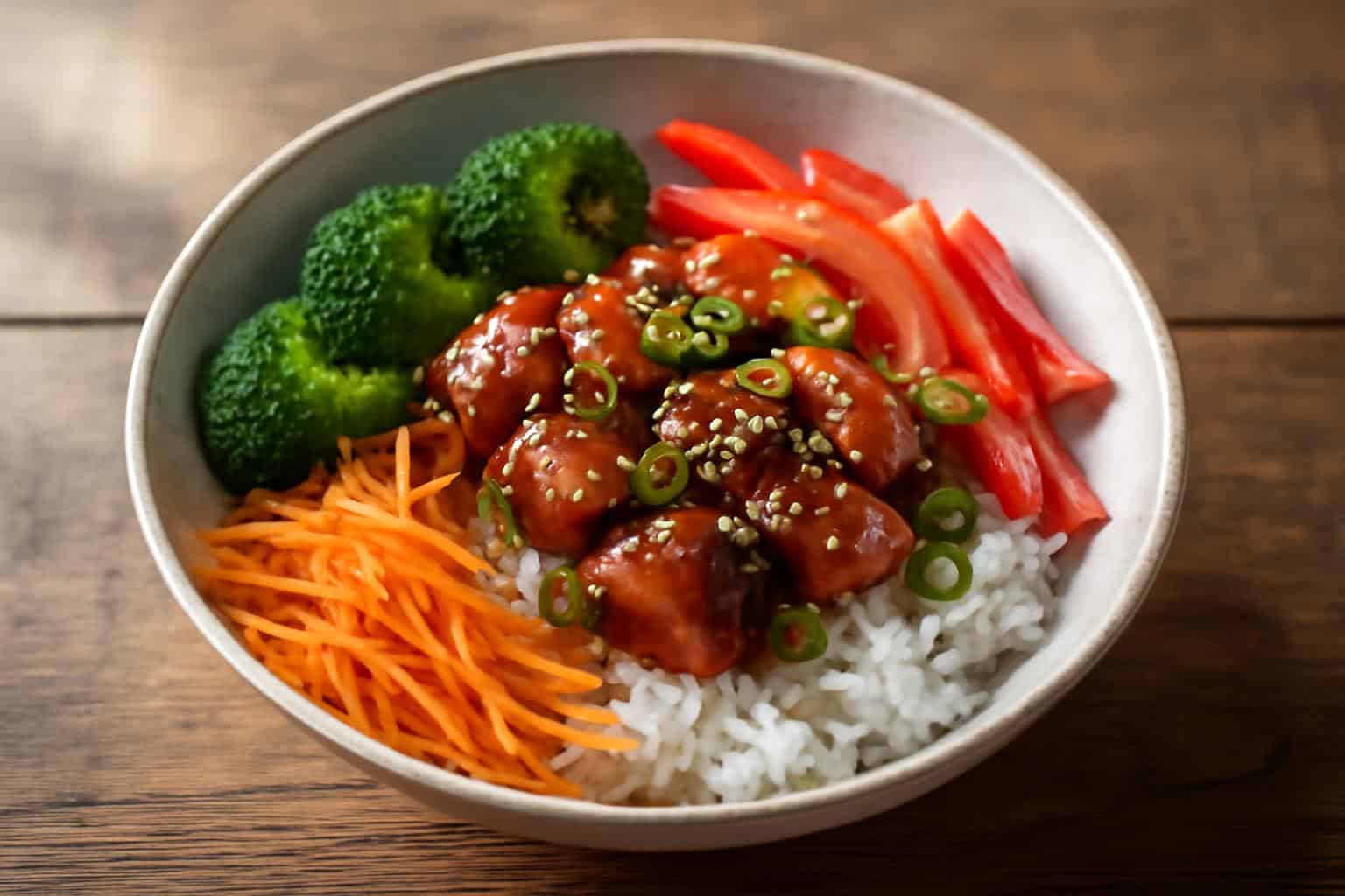 Savory teriyaki chicken rice bowl with colorful veggies and sesame garnish