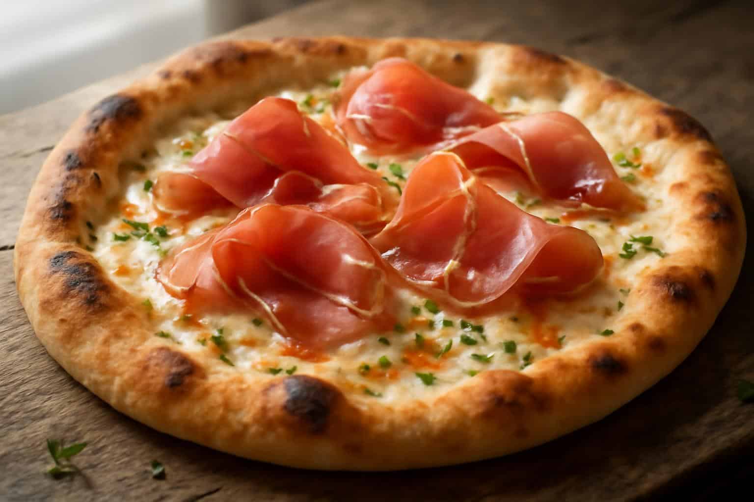 Savory white pizza topped with prosciutto and drizzled with spicy honey