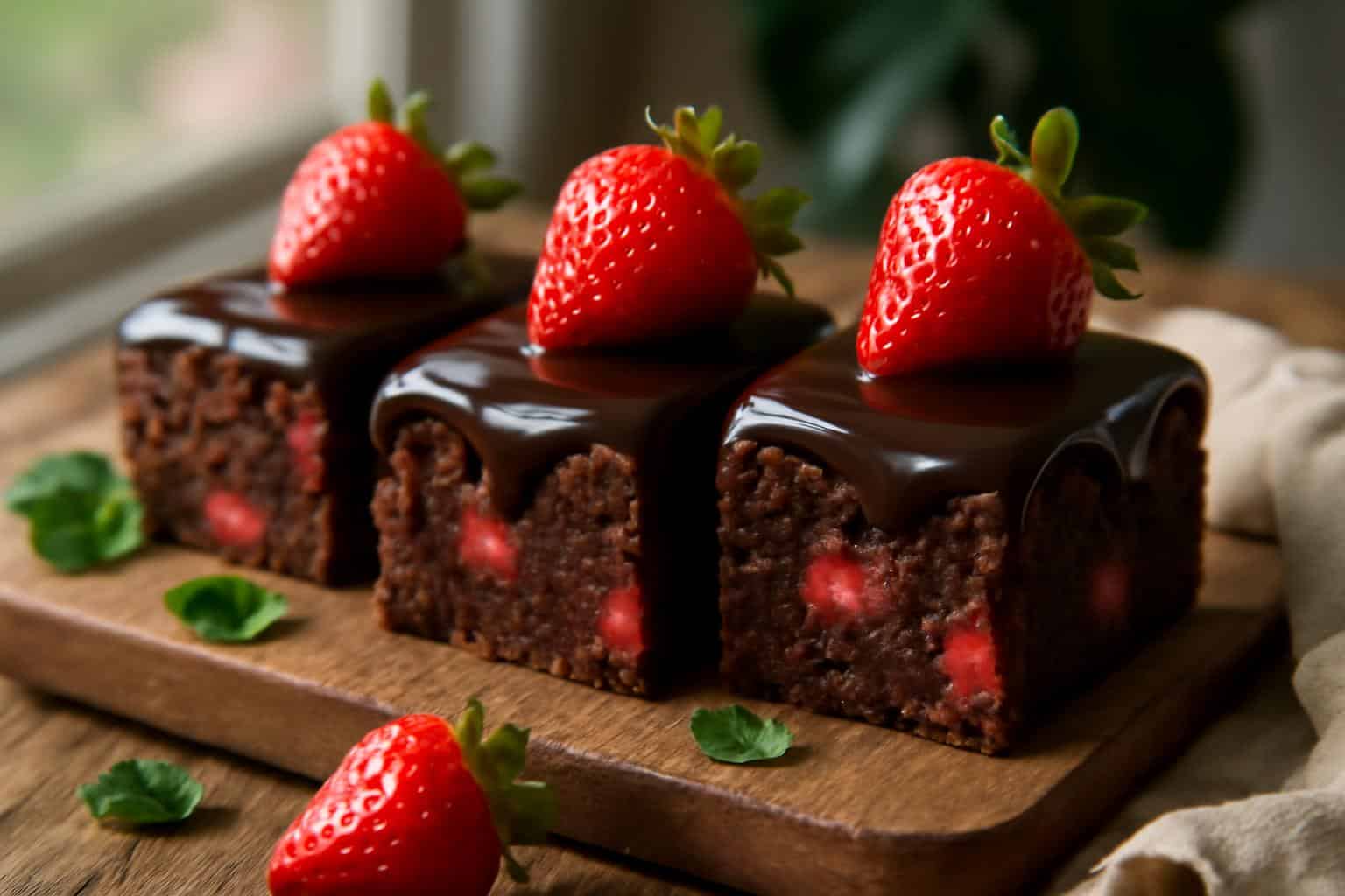 Schoko Erdbeer Brownies topped with chocolate ganache and fresh strawberries in natural light