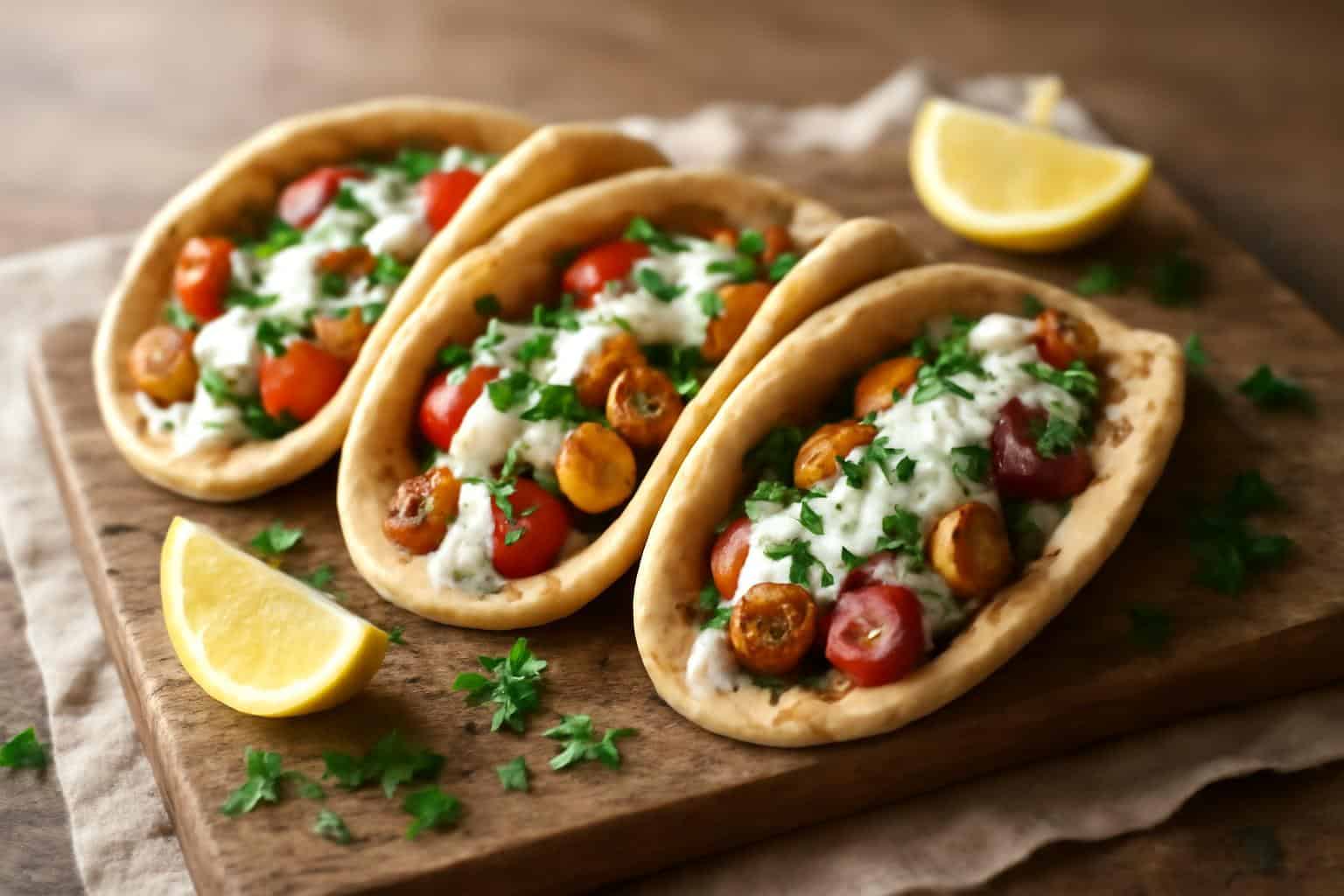 sheet pan chicken pitas topped with zesty herby ranch dressing and fresh parsley