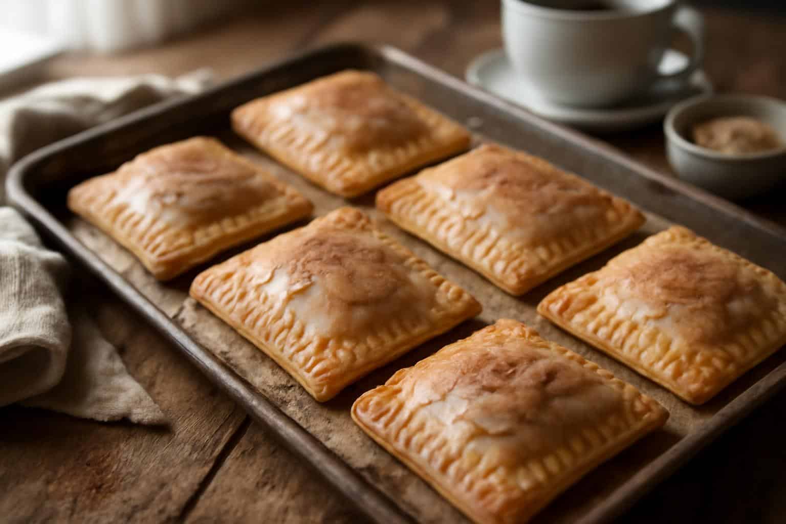 Sheet pan cinnamon brown sugar pop tart with golden crust and glaze under natural light
