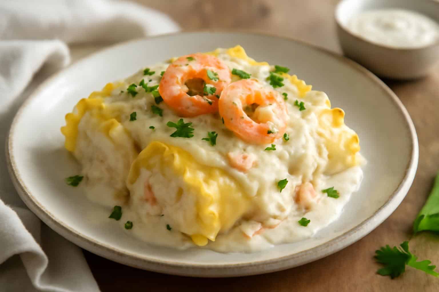 Creamy shrimp crab alfredo lasagna roll-ups on a rustic plate garnished with parsley