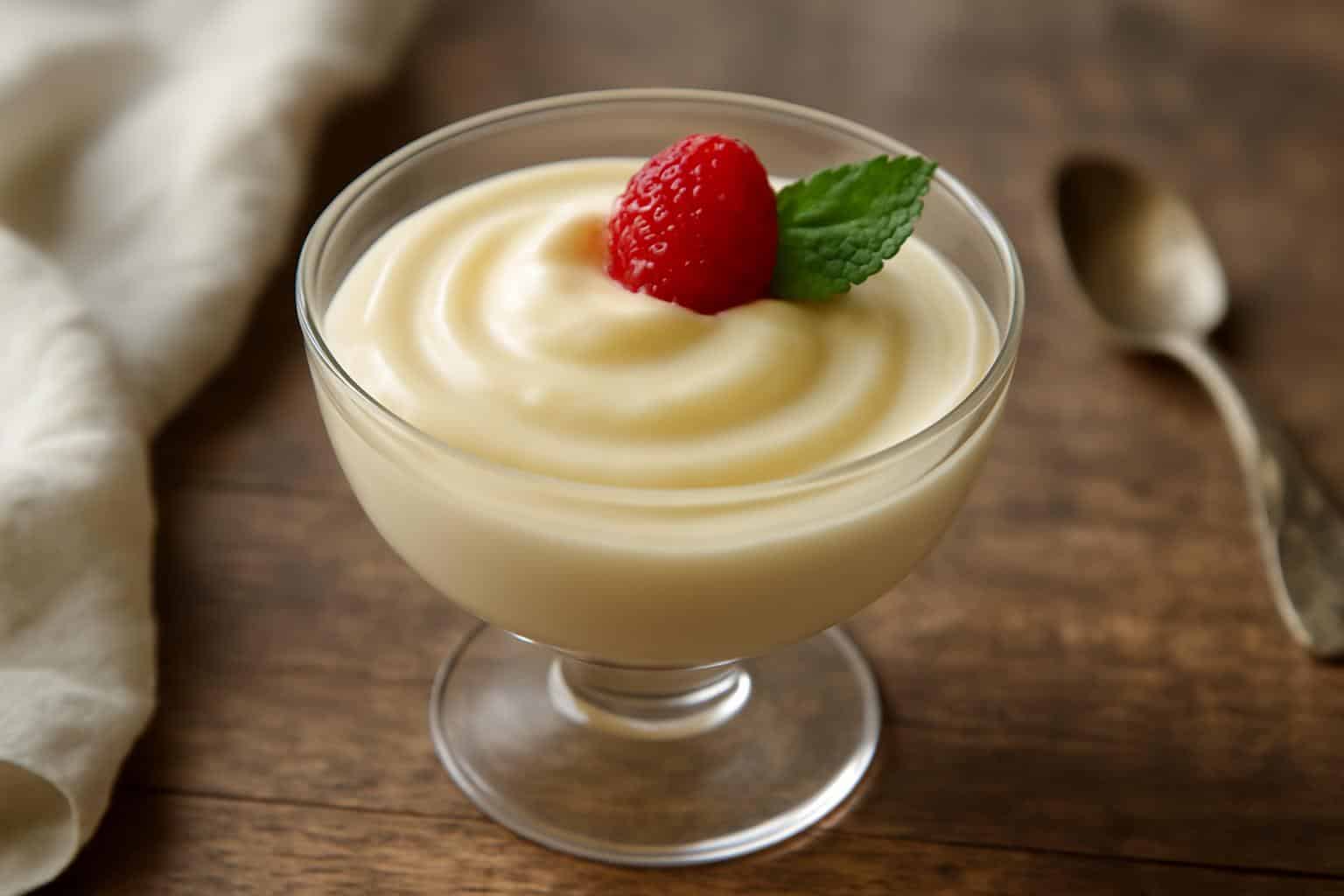 Silky bavarian cream served in glass with raspberry and mint garnish in natural light