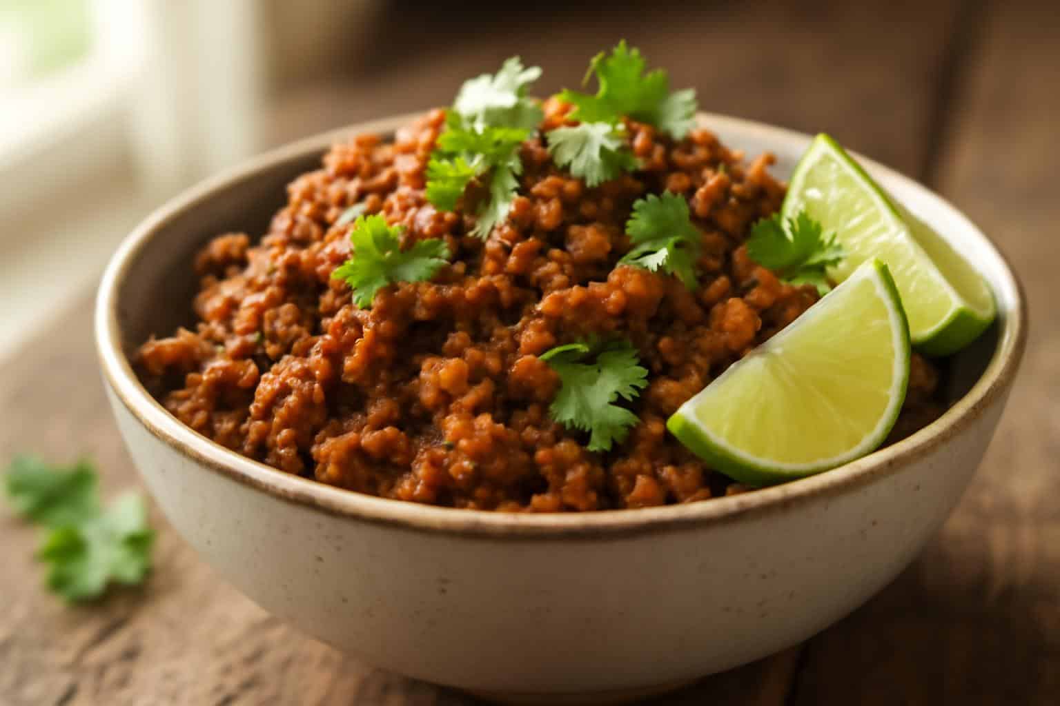 Seasoned taco meat filling garnished with fresh cilantro and lime wedges in a bowl