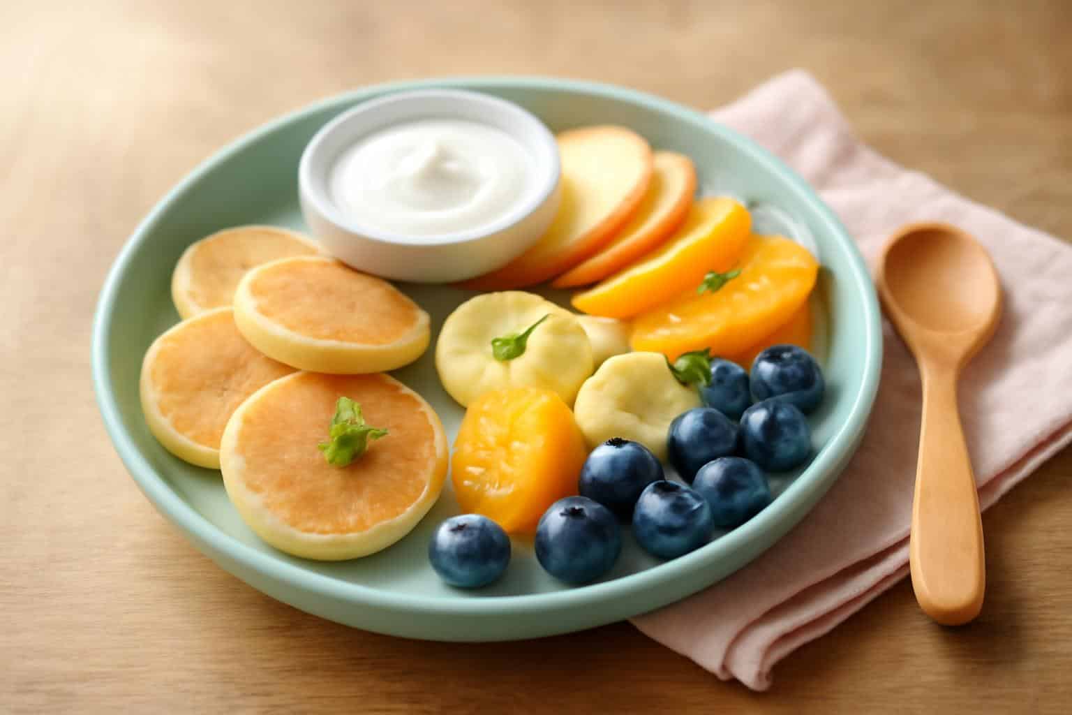 Healthy baby breakfast ideas with pancakes, fruit, and yogurt on a wooden plate