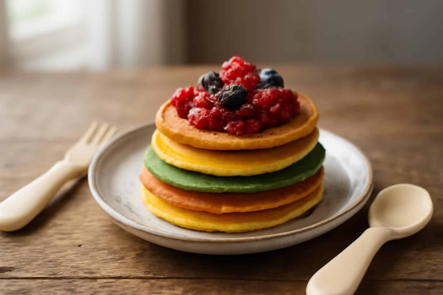 Simple and healthy baby breakfast ideas featuring colorful baby pancakes with fresh berries and chia seeds