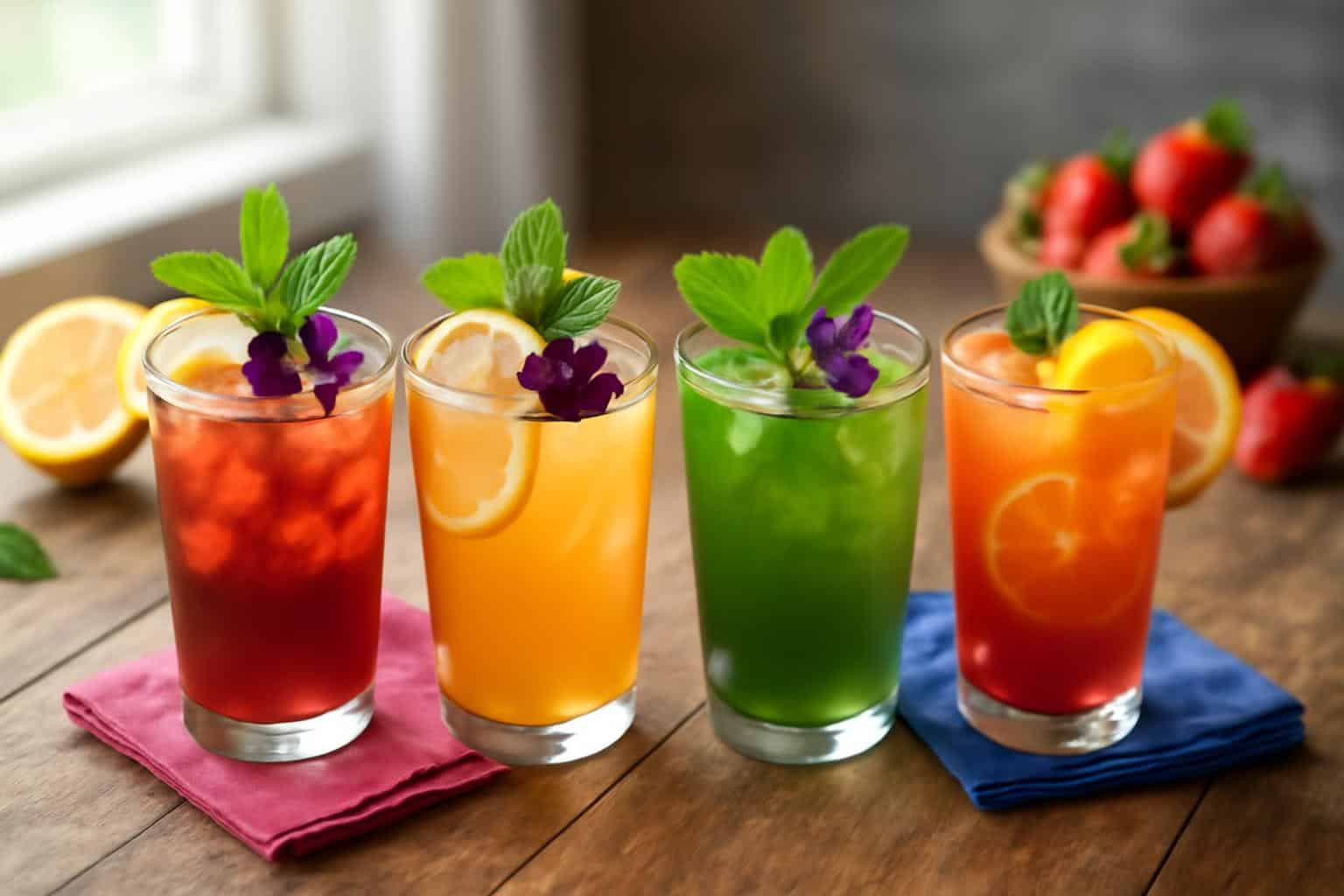 Four colorful tea mocktails garnished with mint and lemon slices showcasing refreshing tea mocktails