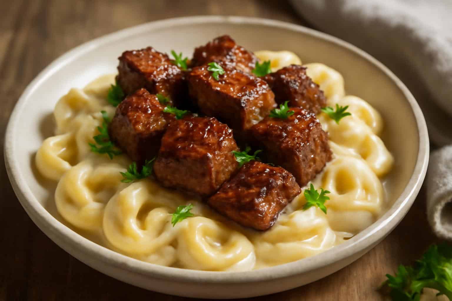 Sizzling butter steak bites served with creamy Alfredo tortellini garnished with parsley