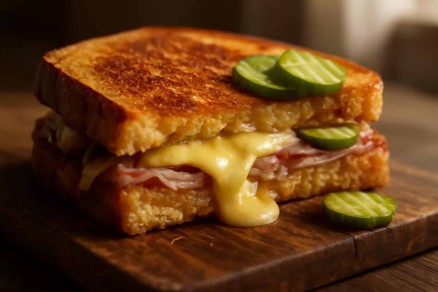 Sizzling Cuban grilled cheese sandwich with melted cheese and toasted bread