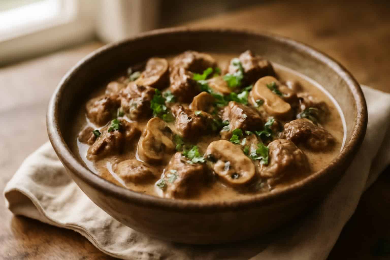 Slow cooked steak diane casserole with mushrooms and creamy sauce garnished with fresh parsley