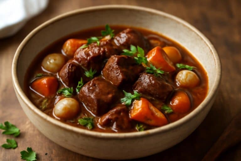 Slow cooker beef bourguignon with tender beef chunks in rich red wine sauce garnished with fresh thyme