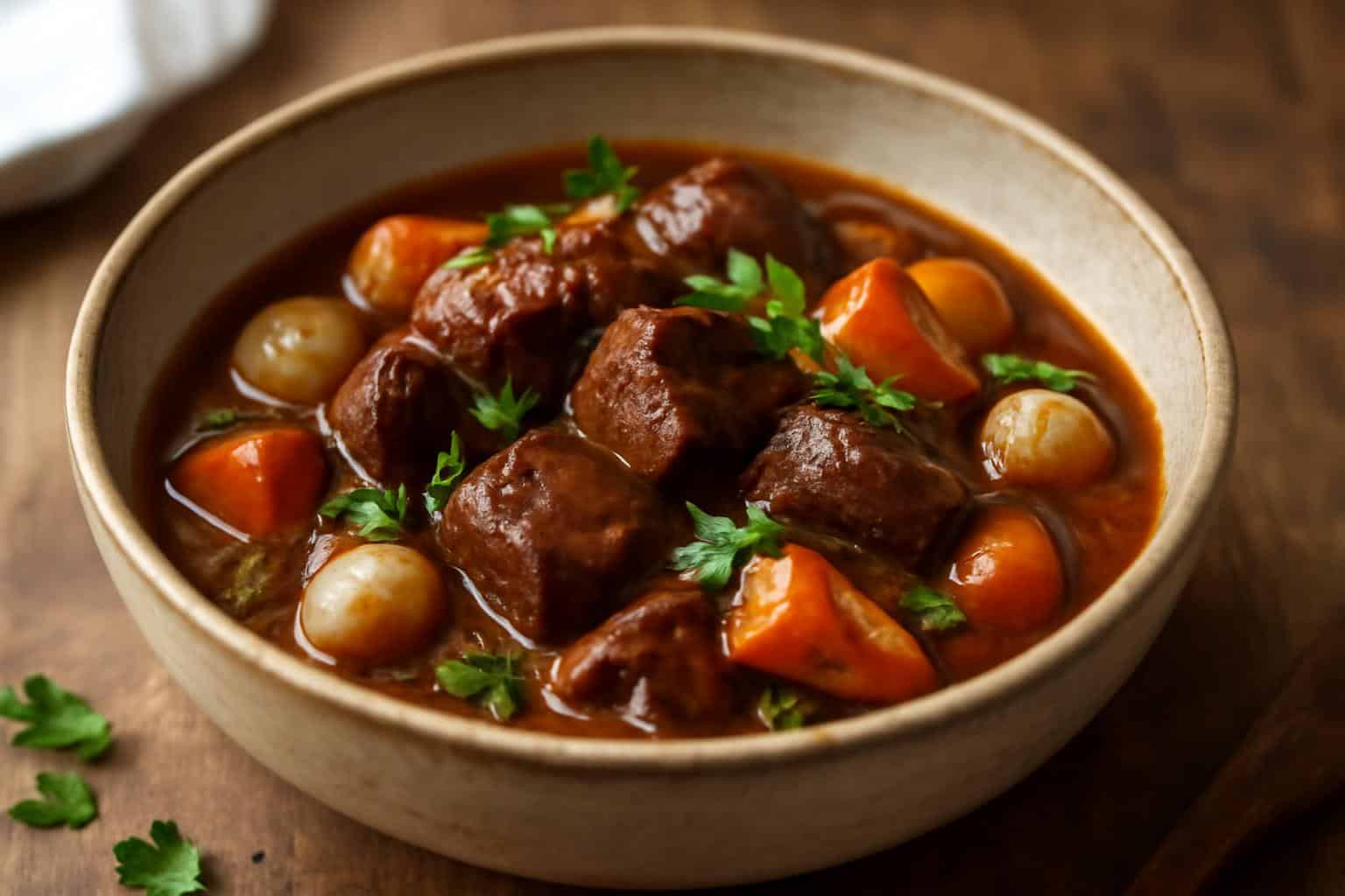 Slow cooker beef bourguignon with tender beef chunks in rich red wine sauce garnished with fresh thyme