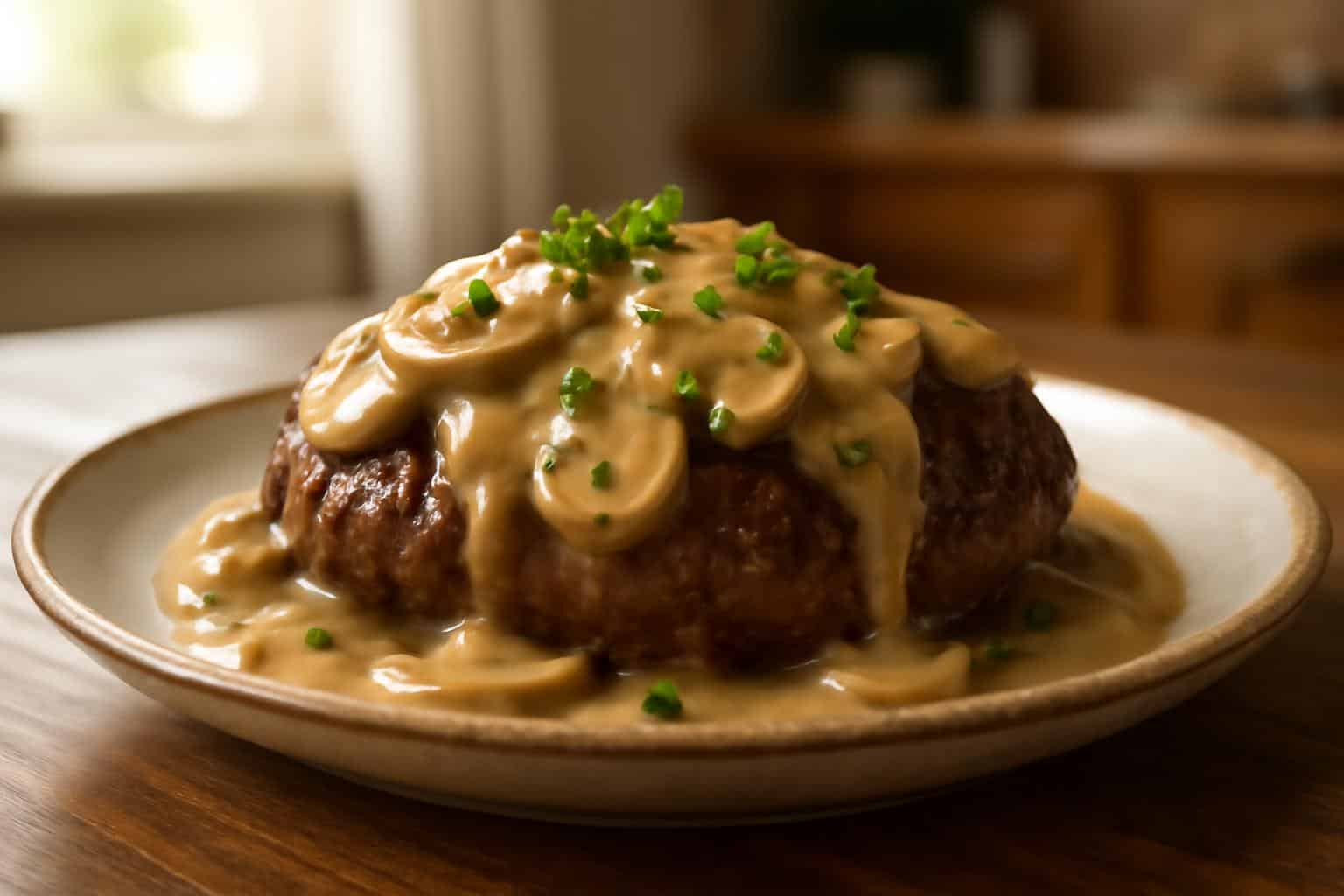 Slow cooker Salisbury steak topped with mushroom gravy and parsley garnish on a rustic plate