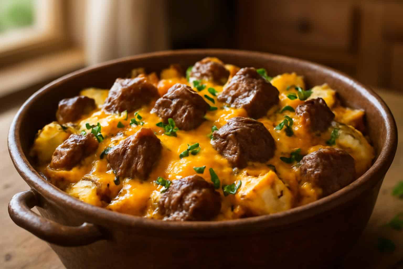 Savory slow cooker casserole with steak and cheddar potatoes garnished with fresh parsley