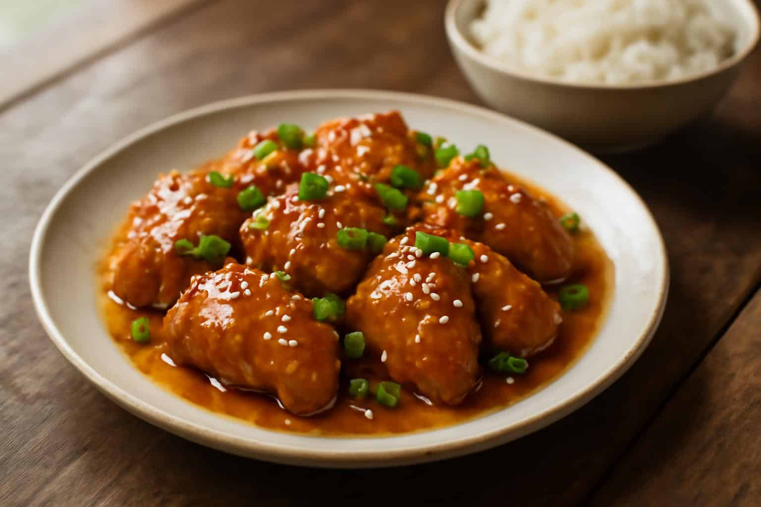 Slow cooker sticky honey chicken glazed and garnished with sesame seeds and green onions