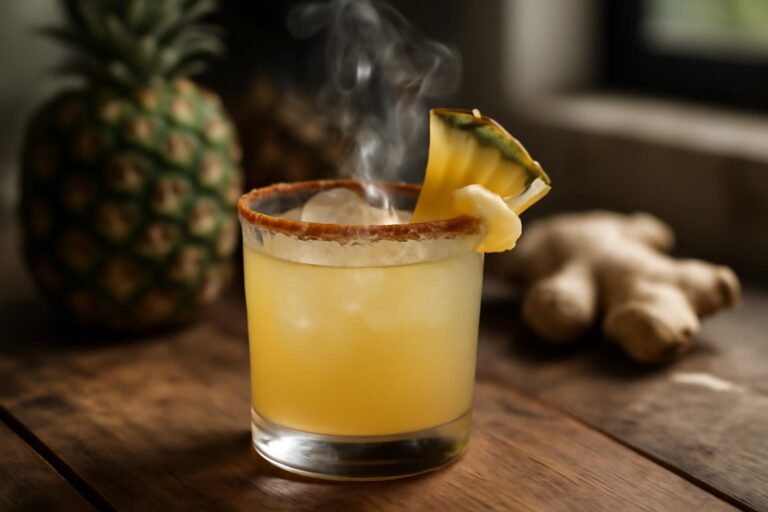Smoky pineapple mezcalita cocktail garnished with pineapple wedge and candied ginger