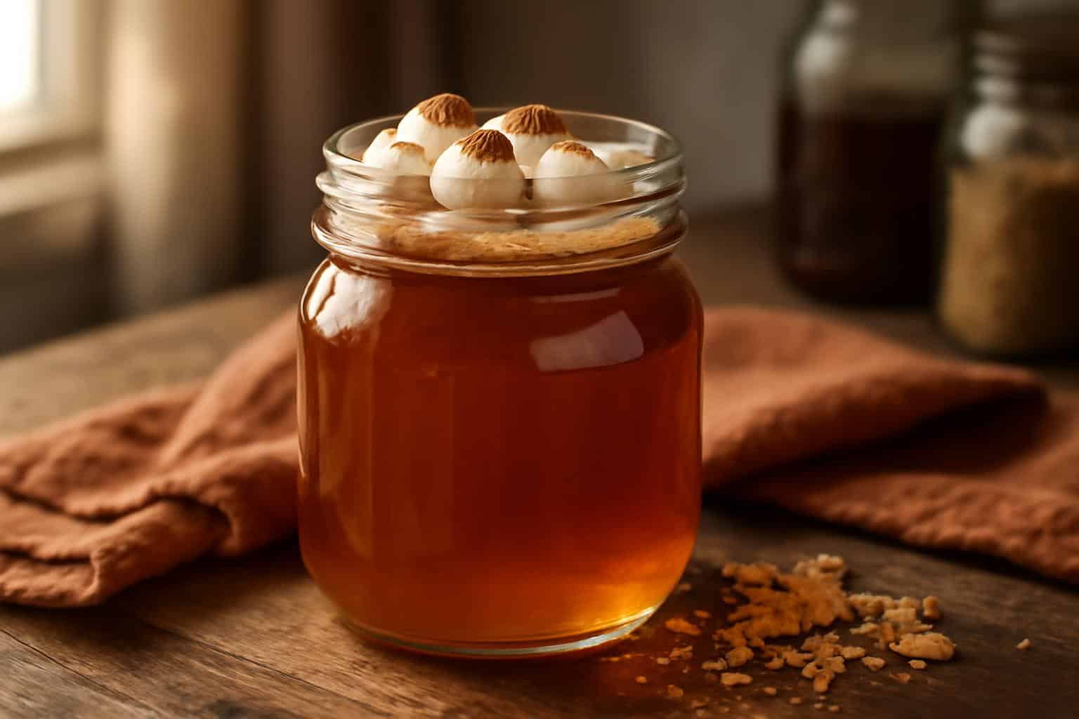 Jar of toasted marshmallow syrup with mini toasted marshmallows and crushed graham crackers