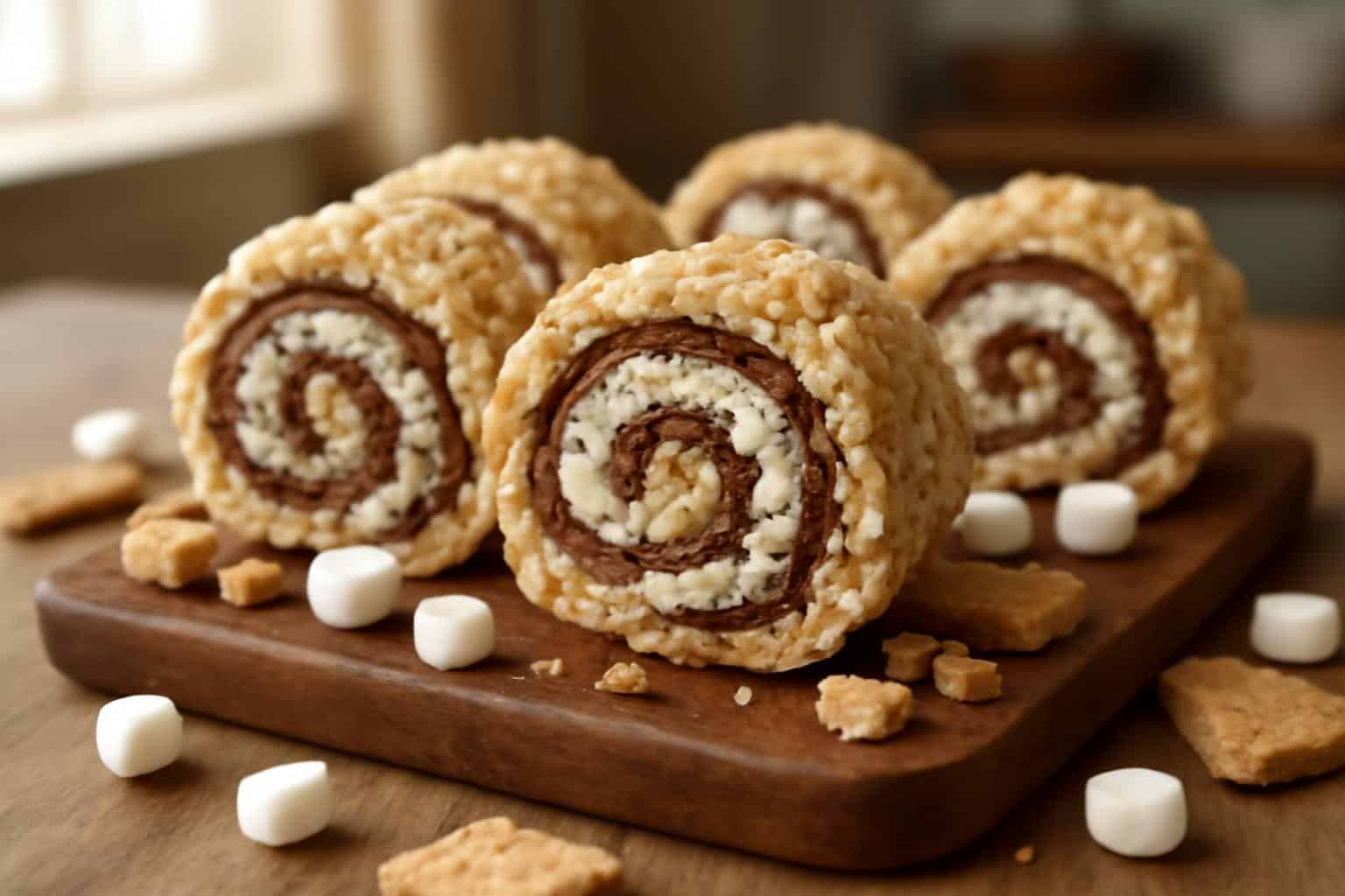 S'mores rolled treats sliced into spirals with marshmallows and chocolate visible